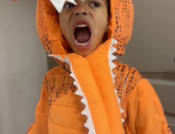 Boy wearing a dinosaur costume, standing with a playful roar pose