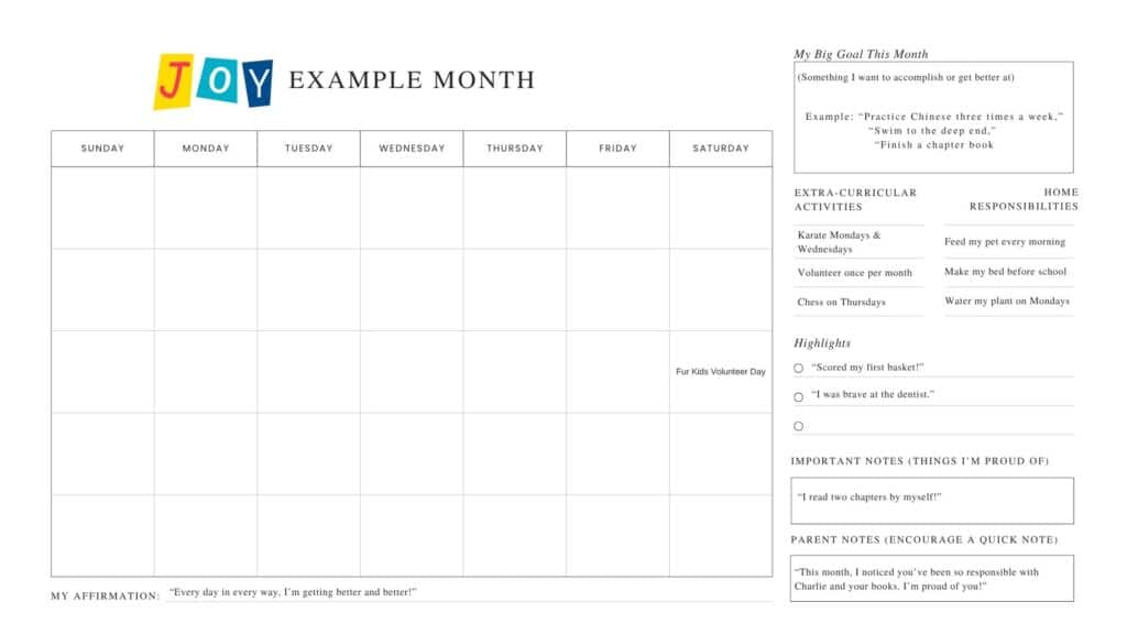 Back-to-school calendar for kids with goal-setting and routines