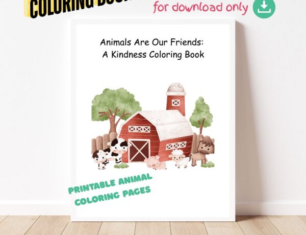 Front page of a coloring book featuring farm animals. The title is "Animals are our friends coloring book"
